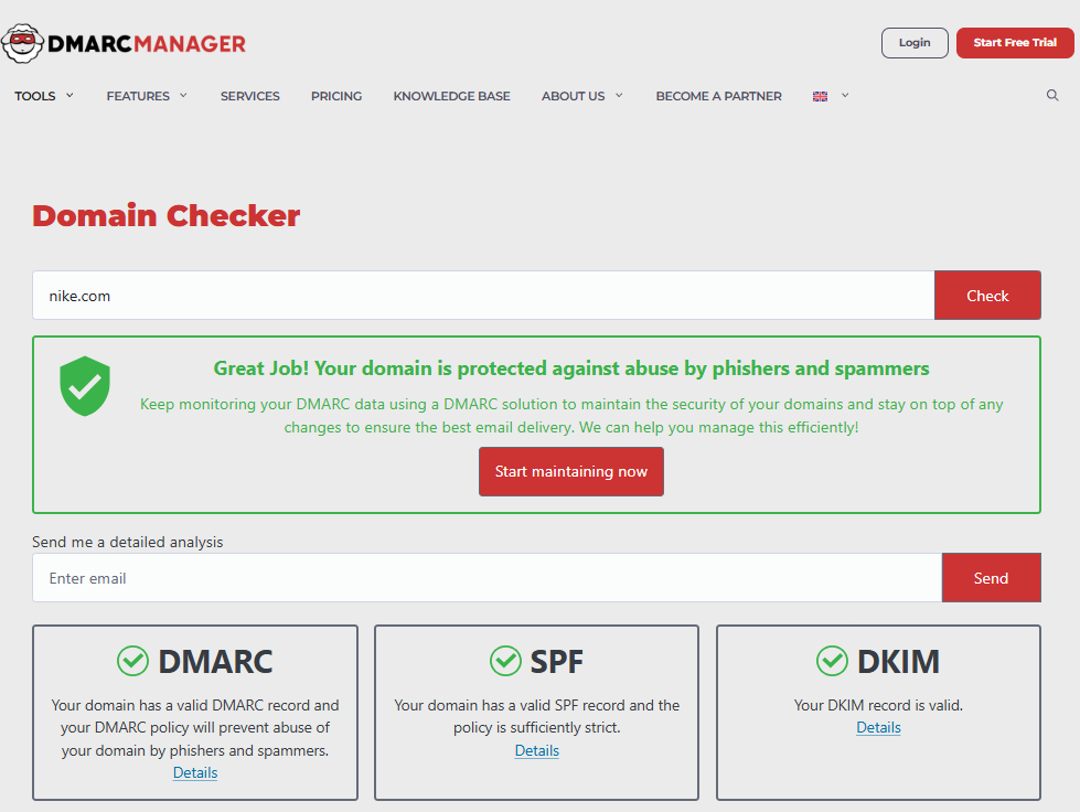 DMARC Manager domain checker result for a test domain showing a green pass summary, with DMARC, SPF, and DKIM all confirmed valid