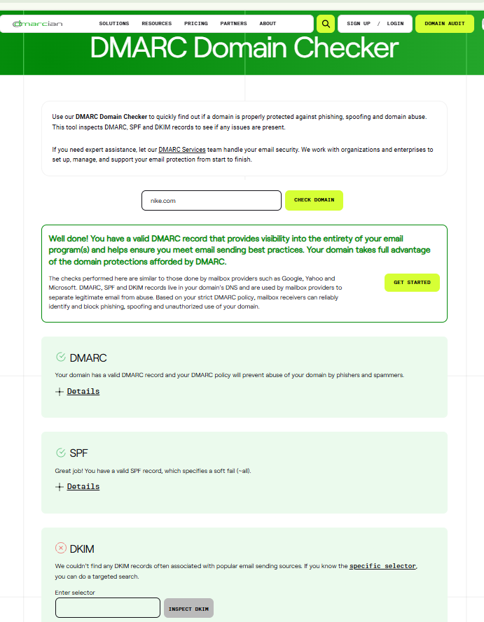 dmarcian DMARC Domain Checker result showing green pass checks for DMARC and SPF, and a red DKIM warning that no DKIM records were found for common sending sources
