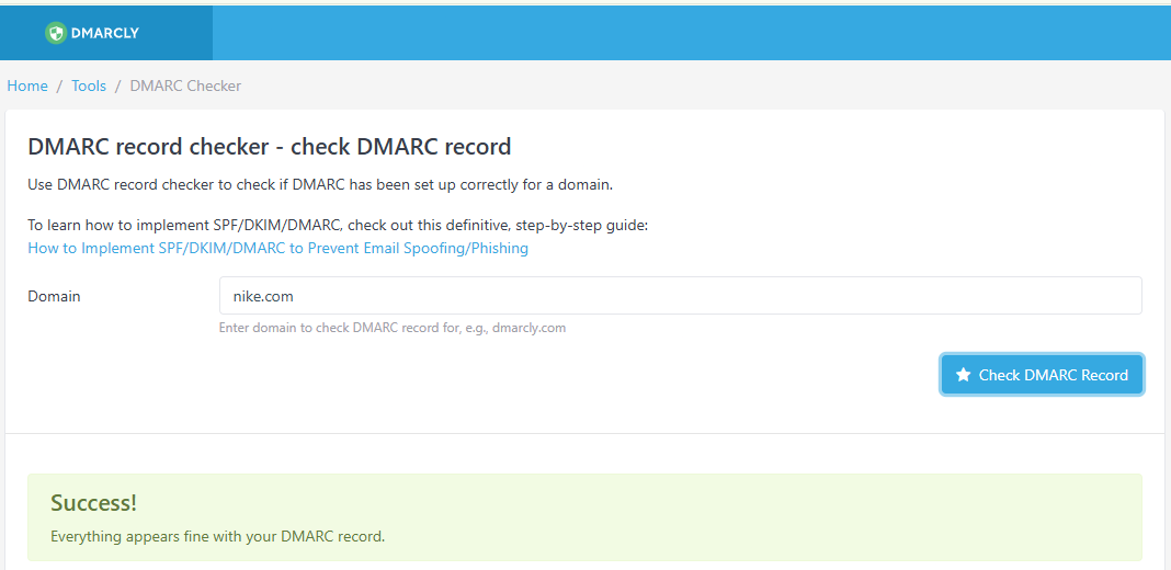 Dmarcly DMARC record checker result showing a green “Everything appears fine with your DMARC record” success message for a test domain