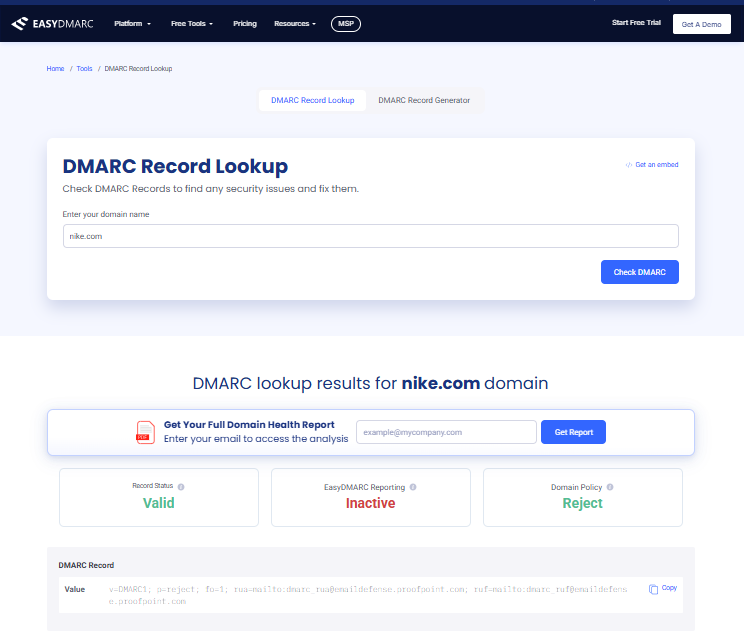 EasyDMARC DMARC record lookup result showing record status as Valid, EasyDMARC reporting as Inactive, domain policy as Reject, and the full raw DMARC record value