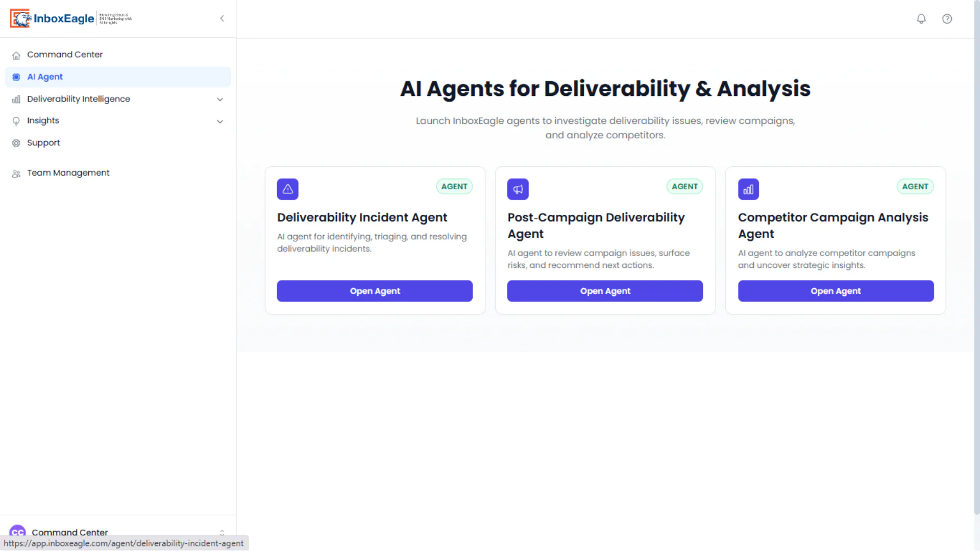 InboxEagle AI Agent hub showing three agent cards, the Deliverability Incident Agent, Post-Campaign Deliverability Agent, and Competitor Campaign Analysis Agent, each with an Open Agent button