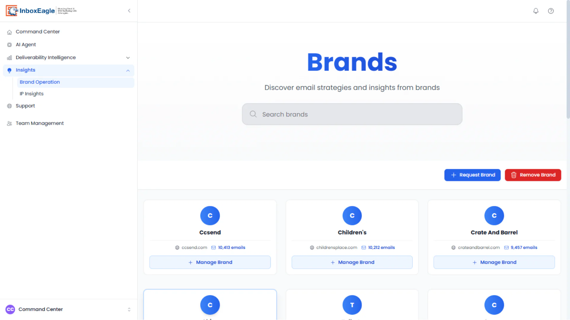 InboxEagle Brands page showing searchable brand cards with domain and analyzed email count, plus Request Brand and Remove Brand controls