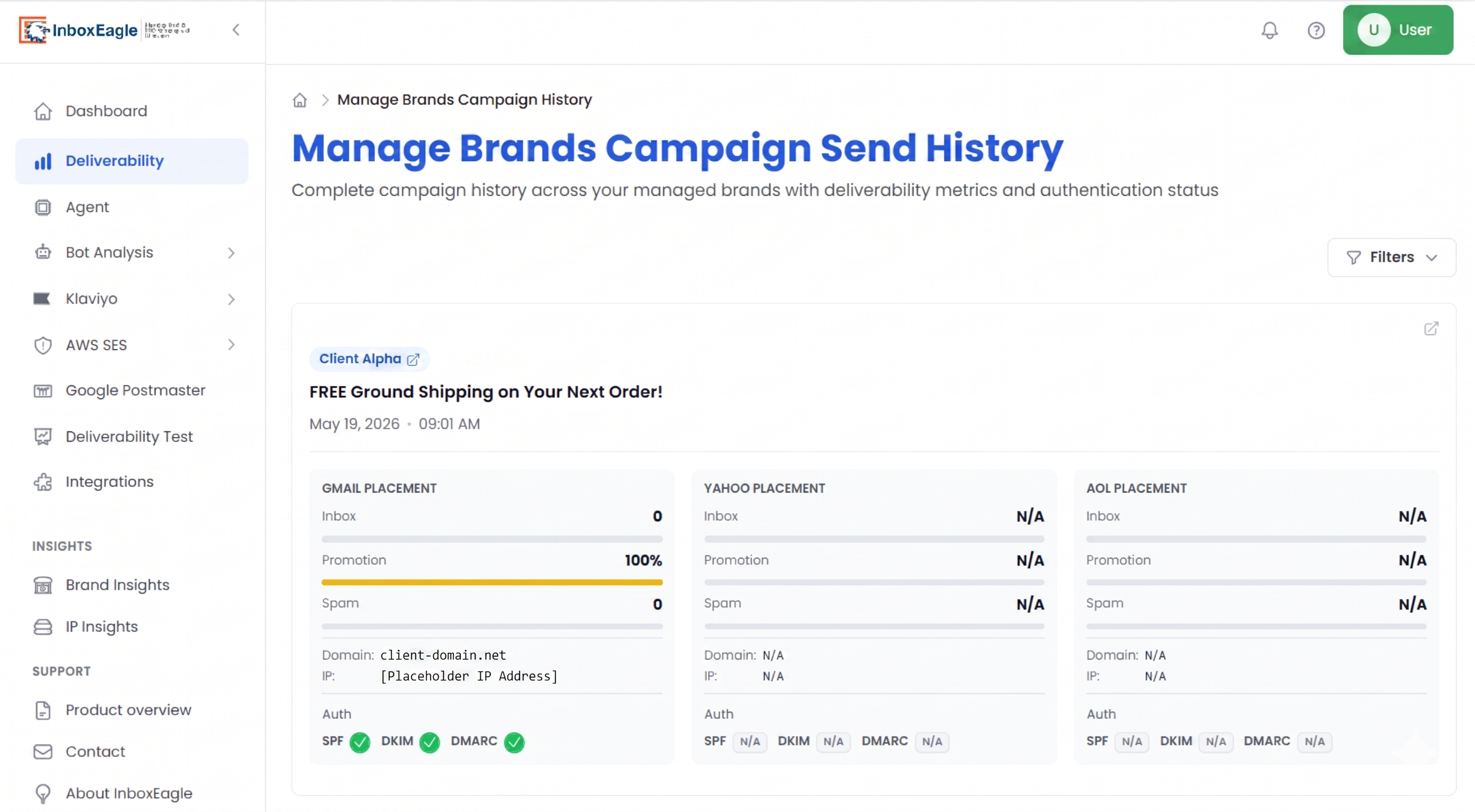 InboxEagle campaign deliverability view showing inbox placement percentage, Promotions, and spam split per campaign across Gmail, Yahoo, and Outlook