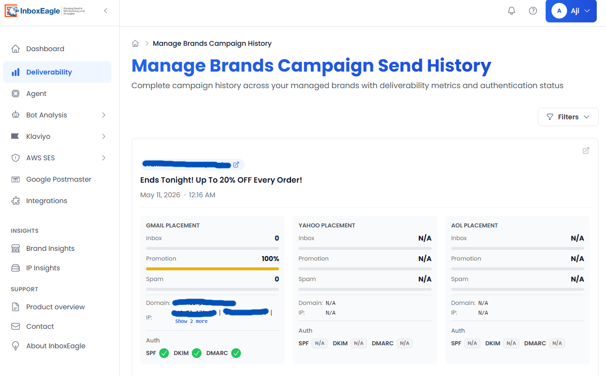 InboxEagle per-campaign placement breakdown showing inbox, spam, and promotions tab percentages for Gmail, Outlook, Yahoo, and Apple Mail for a specific Klaviyo campaign send