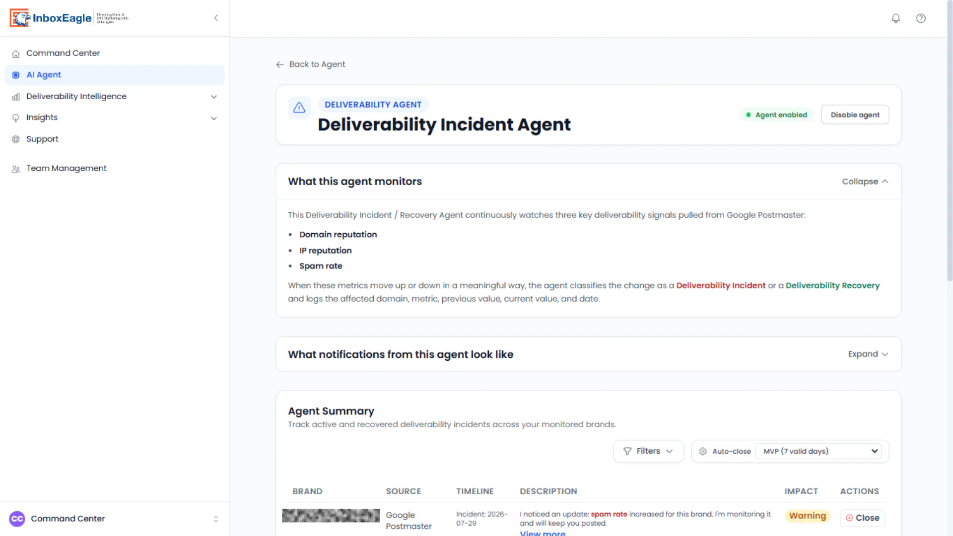 InboxEagle Deliverability Incident Agent page listing the three Google Postmaster signals it monitors, with an agent summary table of incidents by brand, source, timeline, description, and impact