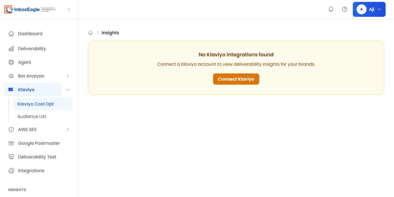 InboxEagle dashboard showing the Klaviyo integration connect screen with a prompt to enter a Klaviyo Private API Key and activate automatic campaign placement monitoring