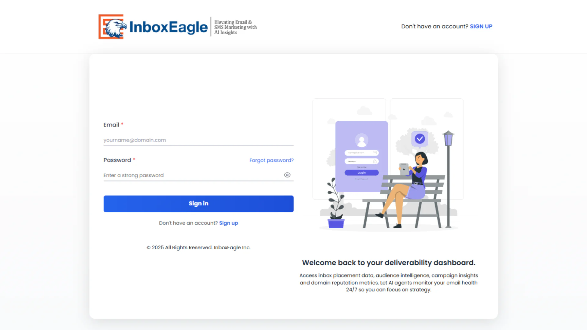 InboxEagle login screen with email and password fields alongside a panel describing the deliverability dashboard