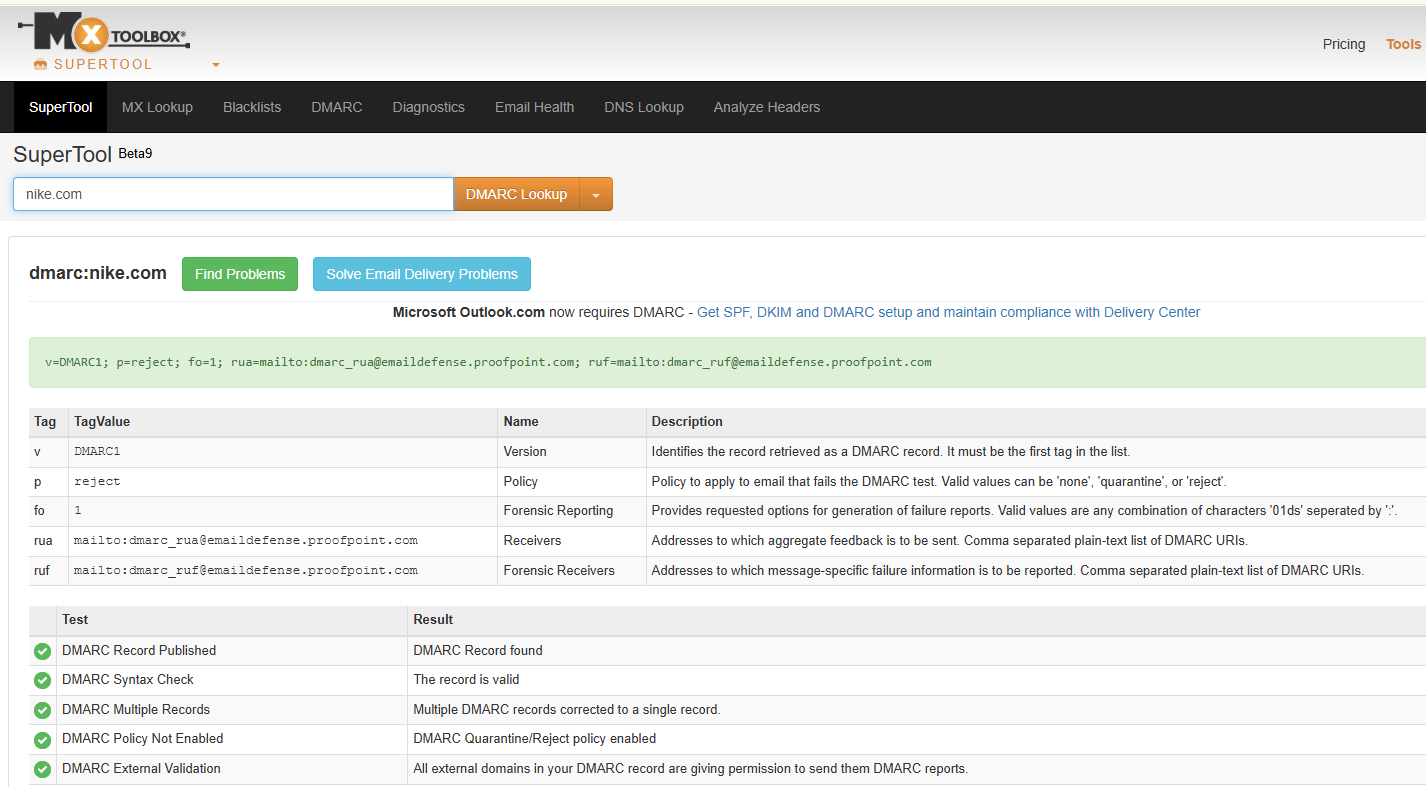 MxToolbox SuperTool DMARC lookup result showing the full record, a tag-by-tag breakdown table, and five green pass checks for record, syntax, and policy validation