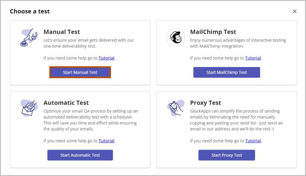 GlockApps spam test submission interface showing the manual credit-based workflow where users submit a test email to trigger inbox placement analysis