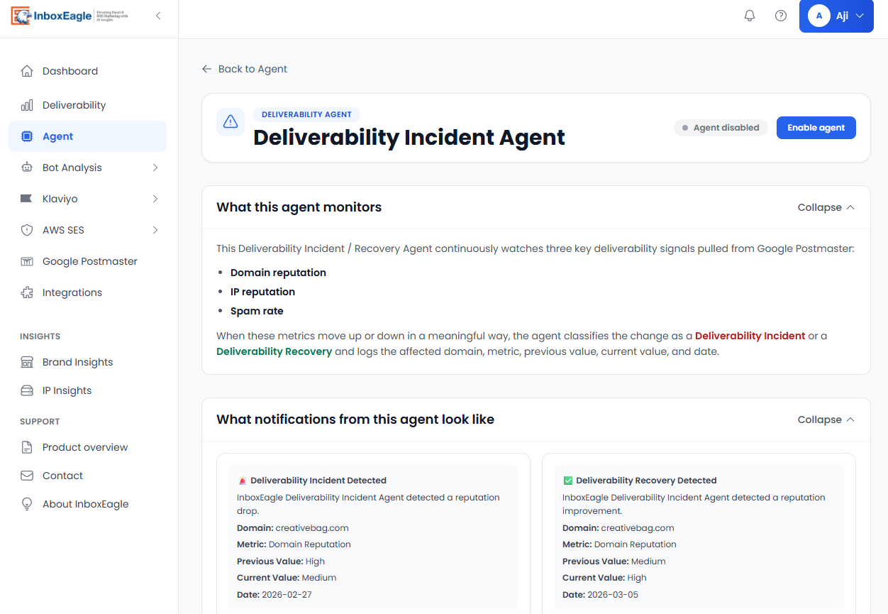 InboxEagle Deliverability Agent interface showing AI-powered post-campaign analysis with actionable inbox placement recommendations and sender reputation insights