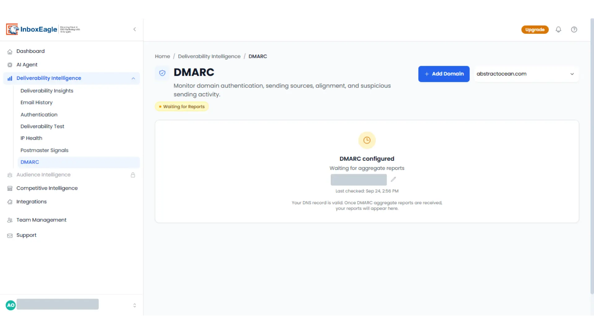 InboxEagle DMARC view inside Deliverability Intelligence, showing domain authentication monitoring next to a dedicated Authentication menu item in the sidebar
