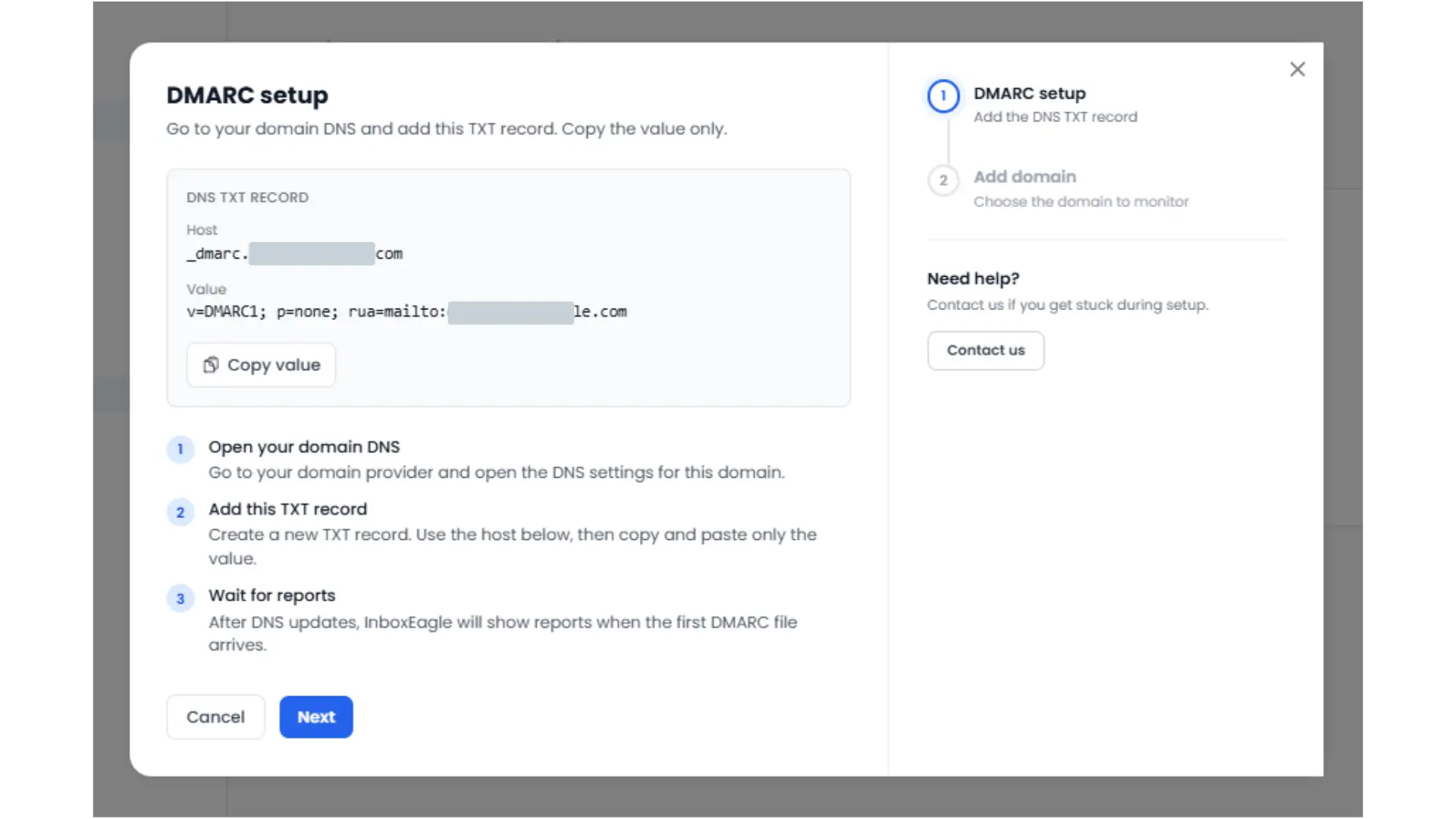 InboxEagle DMARC setup screen showing the DNS TXT record to add, with host, value, and step-by-step publishing instructions