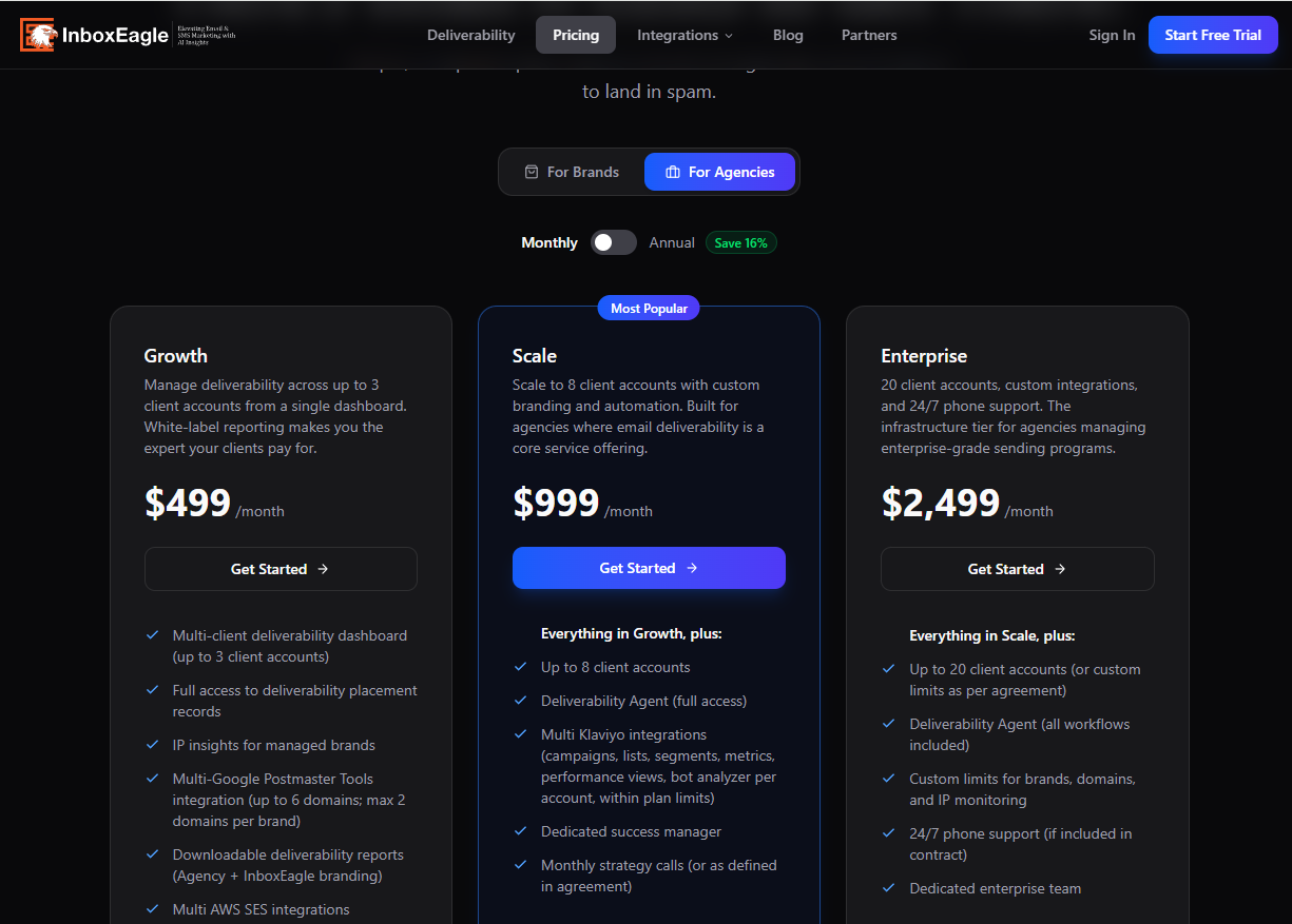 InboxEagle agency pricing page showing Growth, Scale, and Enterprise plans with multi-client dashboard access, white-label reporting, and per-client Klaviyo integration